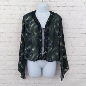 Dress U By Sharon Top Womens 8 Green Floral Tie Front Ruffle Trim V Neck 90s Y2K